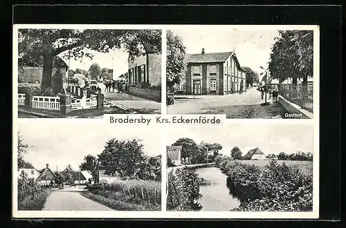 AK Brodersby b. Eckernförde, Strassenpartie, Gasthof, Flusspartie