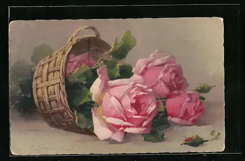 Künstler-AK Catharina Klein: Zarte rosafarbene Rosen im umgestürzten Körbchen