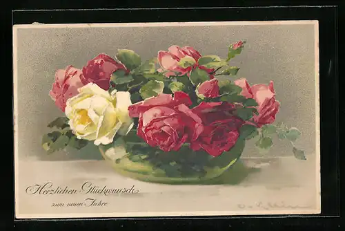 Künstler-AK Catharina Klein: Rosafarbene Rosen mit einer weissen Rose in der Glasvase
