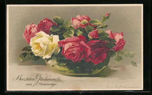 Künstler-AK Catharina Klein: Rosafarbene Rosen mit einer weissen Rose in der Glasvase