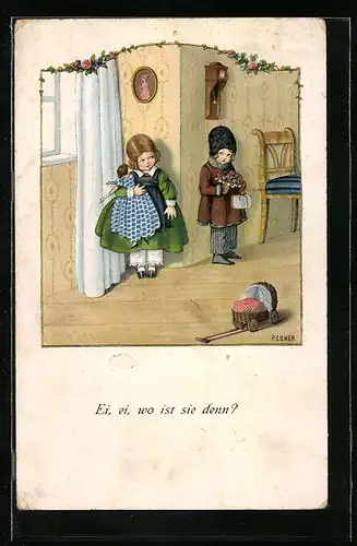 Künstler-AK Pauli Ebner: Junge mit einem Geschenk für das Mädchen