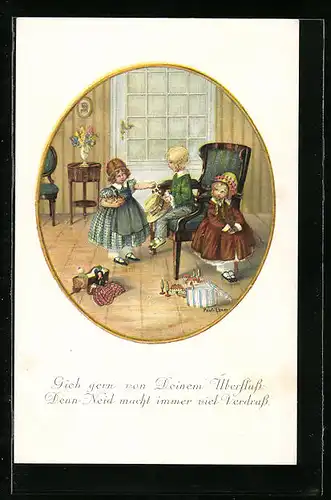 Künstler-AK Pauli Ebner: Mädchen gibt einem Jungen Kirschen