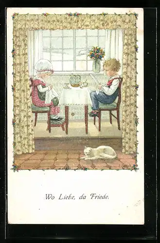 Künstler-AK Pauli Ebner: Kinderpaar sitzt am Frühstückstisch