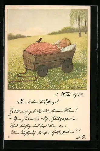 Künstler-AK Pauli Ebner: Kleines Kind im Karren mit einem Vogel
