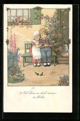 Künstler-AK Pauli Ebner: Kinderpaar sitzt vor dem Haus
