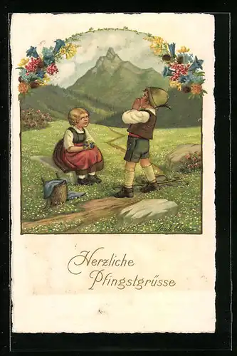 Künstler-AK Pauli Ebner: Kinderpaar auf einer Blumenwiese, Pfingsgruss