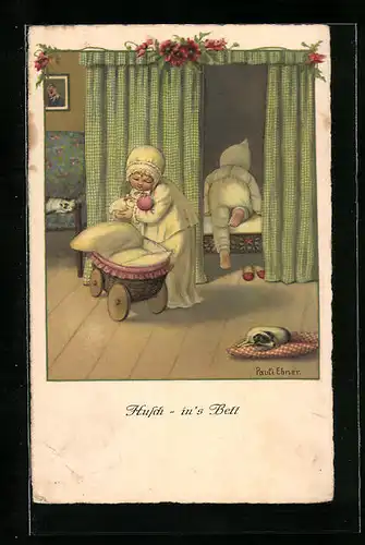 Künstler-AK Pauli Ebner: Kinderpaar mit Puppe beim Schlafengehen