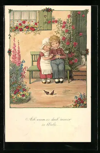 Künstler-AK Pauli Ebner: Kinderpaar sitzt vor dem Haus