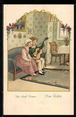 Künstler-AK Pauli Ebner: Die fünf Sinne: Das Gehör, Kinderpaar mit einer Gitarre
