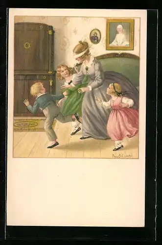 Künstler-AK Pauli Ebner: Frau und Kinder spielen Blinde Kuh