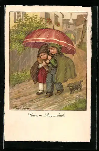 Künstler-AK Pauli Ebner: Kinderpaar unterm Regenschirm
