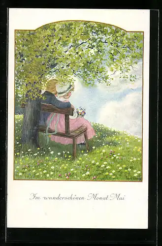 Künstler-AK Pauli Ebner: Pärchen sitzt im Mai auf einer Bank