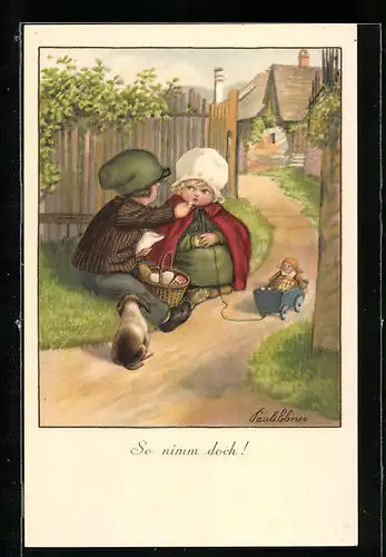 Künstler-AK Pauli Ebner: So nimm doch!, Junge mit kleinem Hund füttert Mädchen mit Süssem