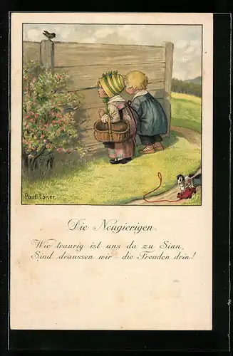 Künstler-AK Pauli Ebner: Die Neugierigen, Zwei Kinder schauen durch Spalt im Zaun