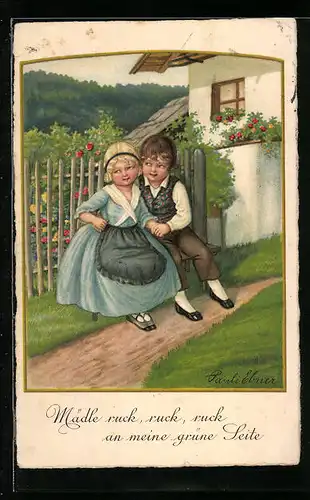 Künstler-AK Pauli Ebner: Mädle ruck ruck ruck an meine grüne Seite, Junge mit einem Mädchen