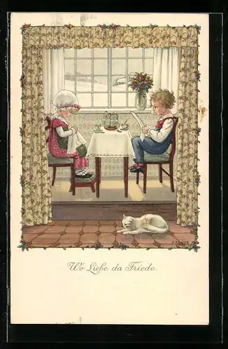 Künstler-AK Pauli Ebner: Wo Liebe da Friede, Kinderpaar am Frühstückstisch
