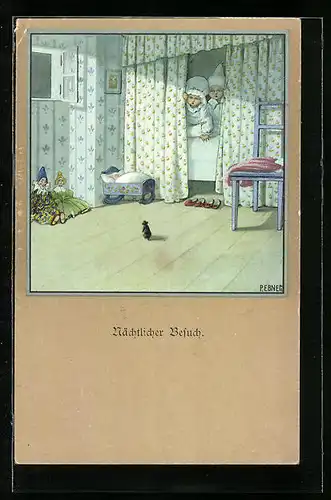 Künstler-AK Pauli Ebner: Nächtlicher Besuch, Kinder beobachten eine Maus aus dem Bett heraus