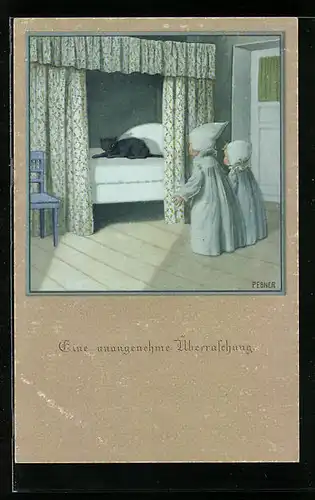 Künstler-AK Pauli Ebner: Eine unangenehme Überraschung, Zwei Kinder finden Katze im Bett