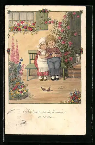 Künstler-AK Pauli Ebner: Ach wenn es doch immer so bliebe! Kinder auf einer Bank vor dem Haus
