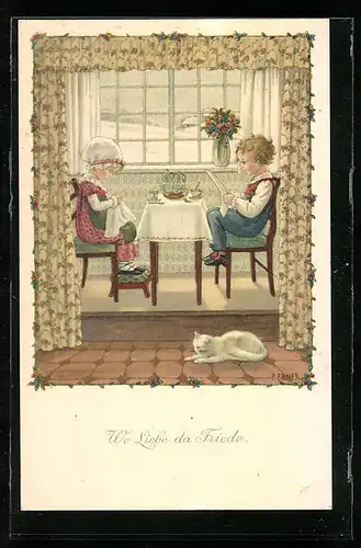 Künstler-AK Pauli Ebner: Wo Liebe da Friede, Kinderpaar am Frühstückstisch