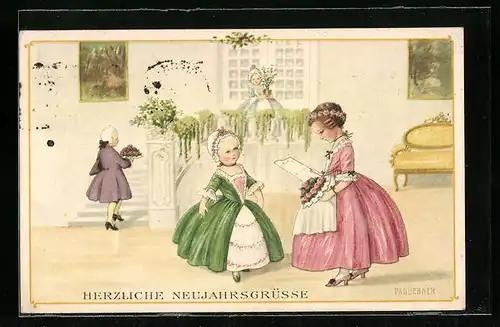 Künstler-AK Pauli Ebner: Herzliche Neujahrsgrüsse, Kinder in Kostümen