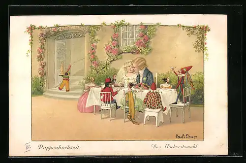 Künstler-AK Pauli Ebner: Puppenhochzeit, Das Hochzeitsmahl, Pärchen mit Puppen am Tisch