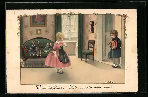 Künstler-AK Pauli Ebner: Puppenhochzeit, Freier mit Blumenstrauss, Voici des fleurs .. Puis voici mon cœr!