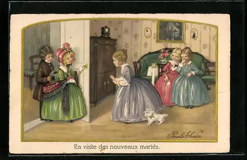 Künstler-AK Pauli Ebner: La visite des nouveaux mariés, Kinder in Kostümen