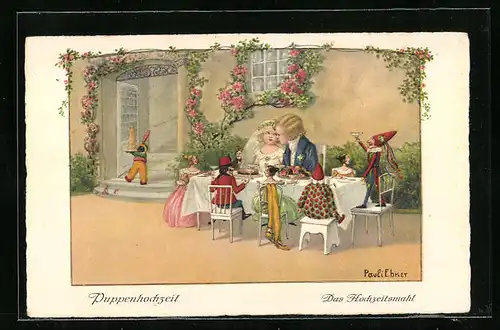 Künstler-AK Pauli Ebner: Puppenhochzeit, Das Hochzeitsmahl