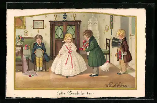 Künstler-AK Pauli Ebner: Artige Gratulanten und schüchternes Geburtstagskind