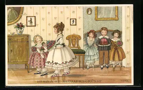 Künstler-AK Pauli Ebner: Kinder mit Blumen und Kuchen, Neujahrsgruss