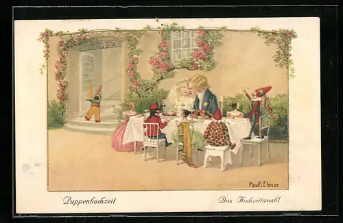 Künstler-AK Pauli Ebner: Pärchen mit Puppen am Tisch beim Hochzeitsmahl