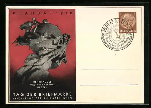 Künstler-AK Tag der Briefmarke 1938, Reichsbund der Philatelisten e. V., Ganzsache, Denkmal des Weltpostvereins in Bern