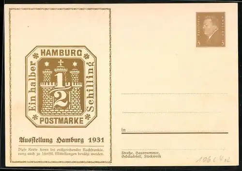 Künstler-AK Hamburg, Postmarke, Ein halber Schilling, Ausstellung 1931, Ganzsache