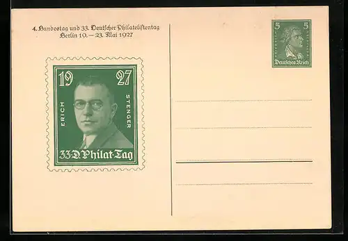 AK Berlin, 4. Bundestag und 33. Deutscher Philatelistentag 1927, Erich Stenger, Ganzsache