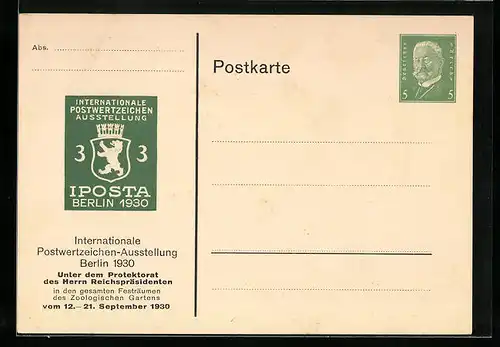 Präge-AK Berlin, Internationale Postwertzeichen-Ausstellung 1930, IPOSTA, Ganzsache
