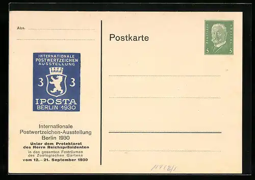 Präge-AK Berlin, Internationale Postwertzeichen-Ausstellung 1930, Ganzsache