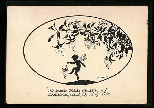 Künstler-AK Elsbeth Forck: Die schönste Blüte pflückt ich mir! Geburtstagskind, ich bring sie Dir, Fee mit Blümchen