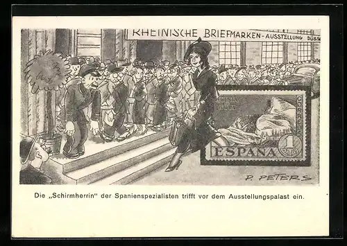 Künstler-AK Düsseldorf, Rheinische Briefmarken-Ausstellung 1936, Die Schirmherrin trifft ein, Ganzsache