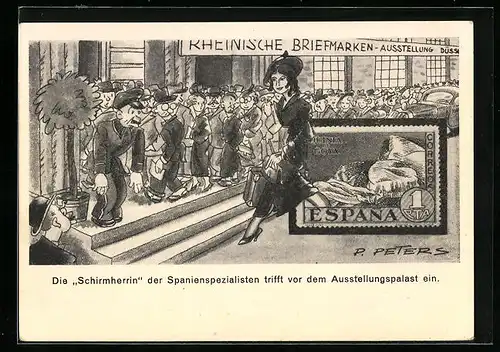 Künstler-AK Düsseldorf, Rheinische Briefmarken-Ausstellung 1936, Die Schirmherrin trifft ein, Ganzsache