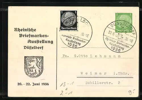 Künstler-AK Düsseldorf, Rheinische Briefmarken-Ausstellung 1936, Die Schirmherrin trifft ein, Ganzsache