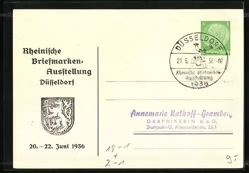 Künstler-AK Düsseldorf, Rheinische Briefmarken-Ausstellung 1936, Die Schirmherrin trifft ein, Ganzsache