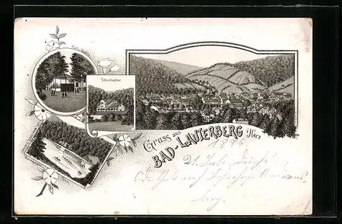 Lithographie Bad-Lauterberg /Harz, Gasthaus Felsenkeller, Totalansicht, Kur-Quelle