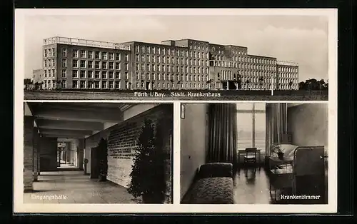 AK Fürth i. B., Städt. Krankenhaus, Eingangshalle, Krankenzimmer