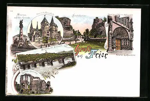 Lithographie Trier, Brunnen auf dem Kornmarkt, Amphitheater, Portal der Liebfrauenkirche, Ruinen des Kaiserpalast
