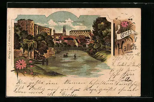 Lithographie Halle a. S., Moritzburg mit neuer Saalebrücke