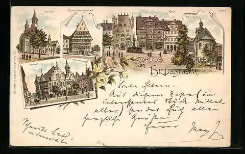 Vorläufer-Lithographie Hildesheim, Der Dom, Der 1000 jährige Rosenstock, Knochenhaueramtshaus, Rathaus, 1893