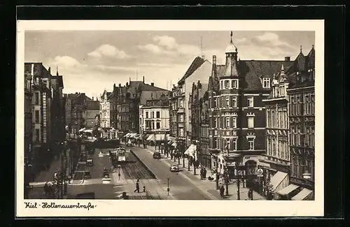 AK Kiel, Holtenauer Strasse mit Strassenbahn und Geschäften