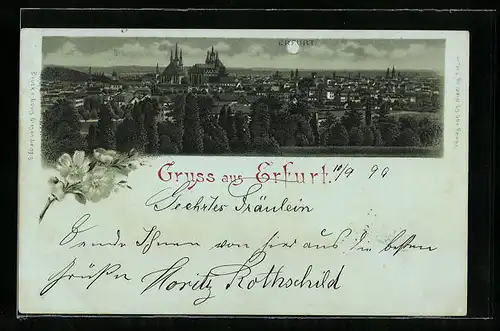 Mondschein-Lithographie Erfurt, Totalansicht mit Mondlicht