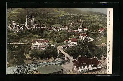 AK Forbach, Blick auf den Ort mit Brücke und Kirche, Bahnhof